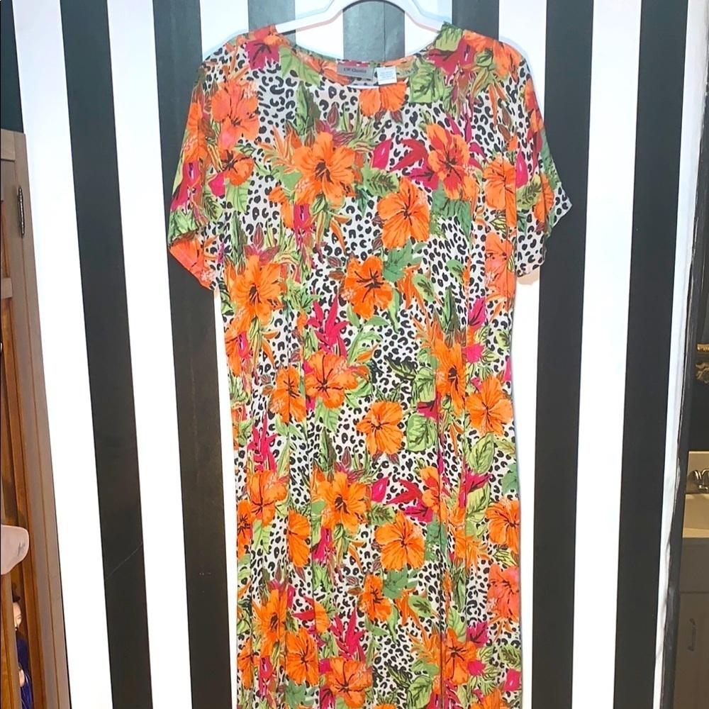 Floral Print Dress Orange and Green Tropical Caftan Miu Miu MooMoo Cover Up - Picture 2 of 7